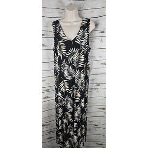 J Jill Tropical Floral Print Knit Dress M Maxi Sleeveless Jersey Long Black